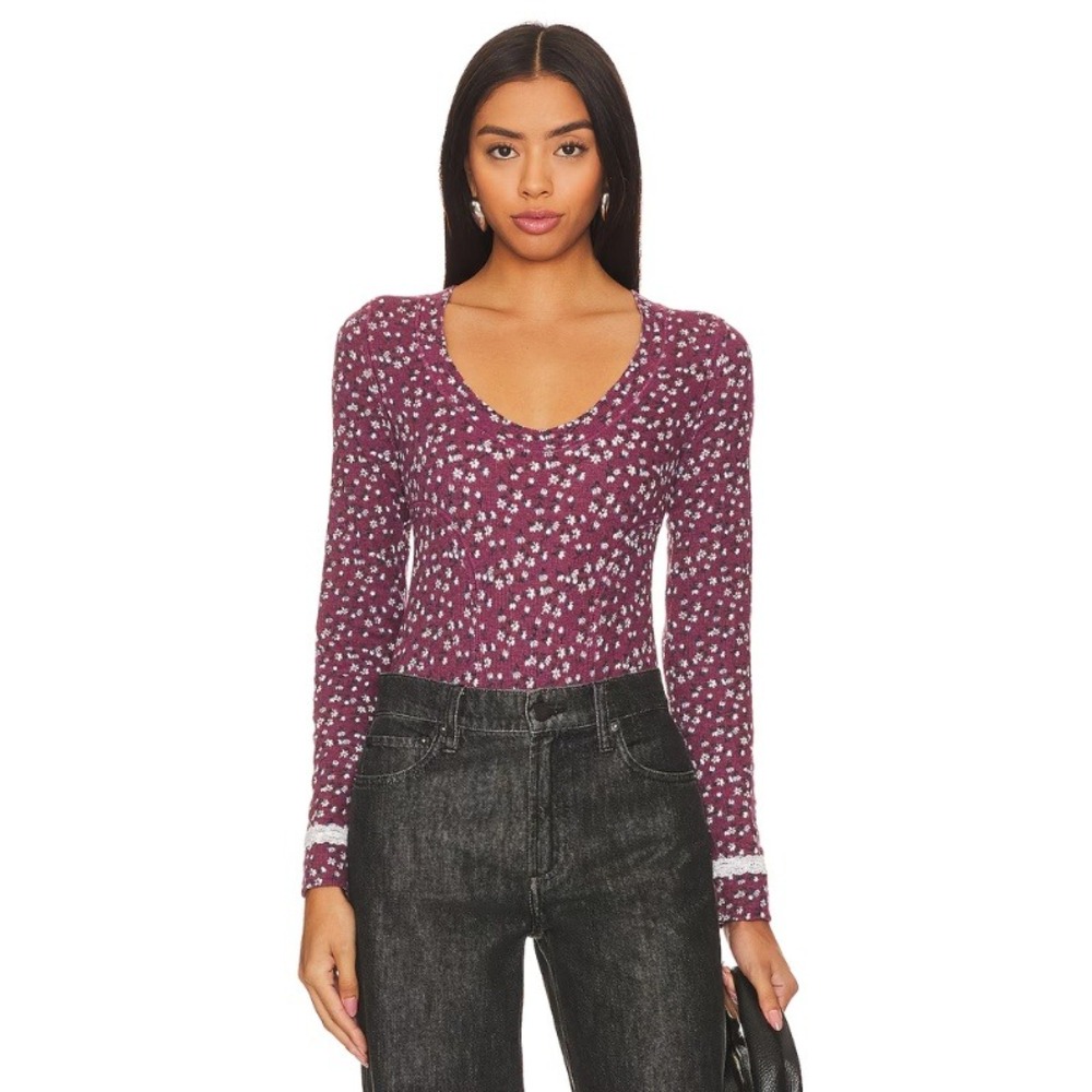 Intimately Free People Sugar Dreams Bodysuit Wine Thermal Long Sleeve Small NWOT